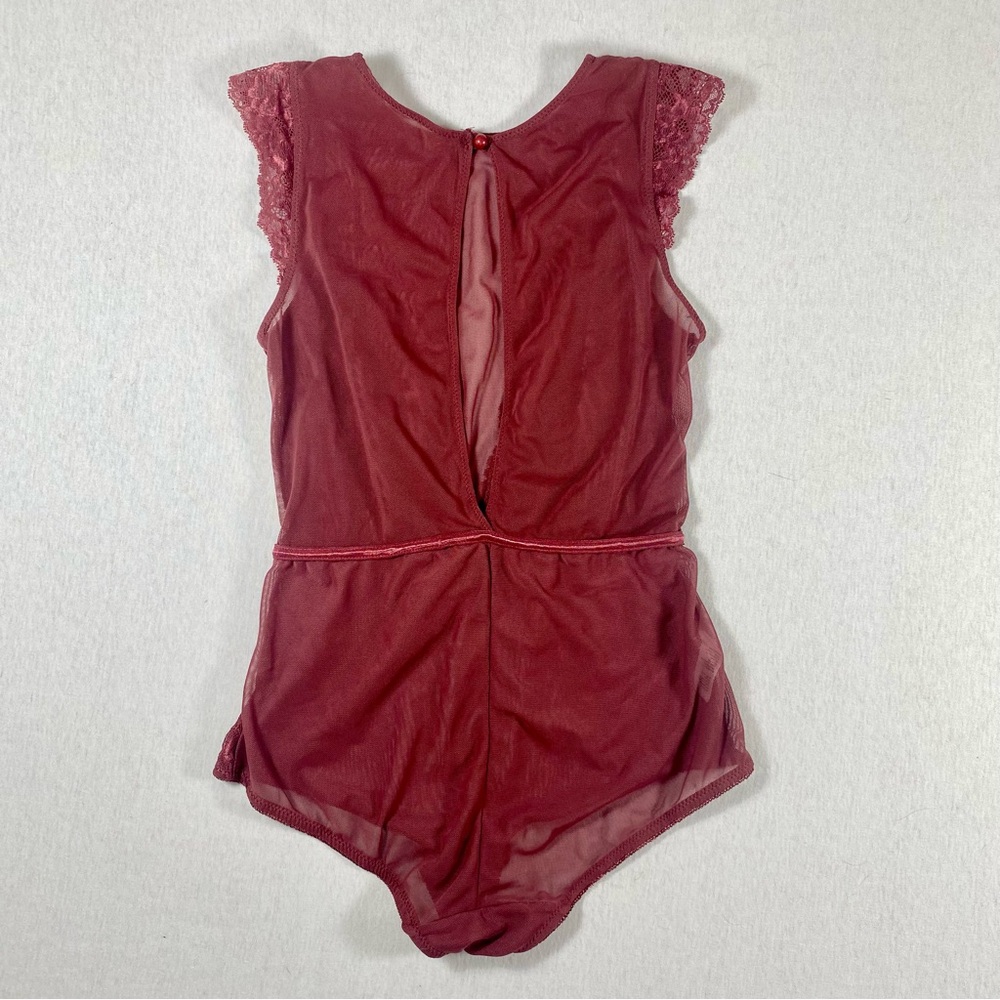 Marilyn Monroe Burgundy Cinnamon Sheer Lace One Piece Bodysuit M Floral Button - Picture 2 of 11